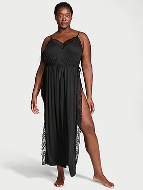 Ribbed Modal Lace-Trim Long Slip Dress