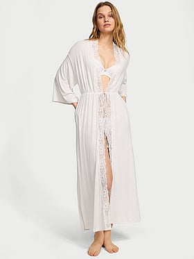Ribbed Modal Lace-Trim Long Robe