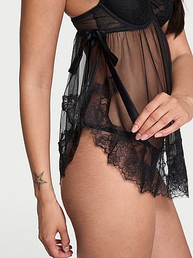 Wicked Sheer Unlined Lace-Trim Babydoll Set