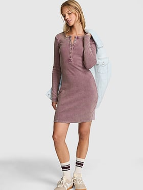 Vintage Ribbed Henley Long-Sleeve Dress