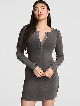 Vintage Ribbed Henley Long-Sleeve Dress