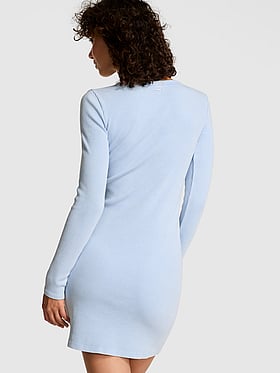 Vintage Ribbed Henley Long-Sleeve Dress