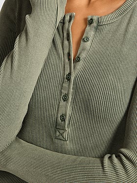 Vintage Ribbed Henley Long-Sleeve Dress