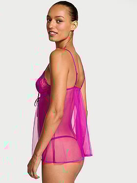 Sheer Rose Lace Triangle Babydoll Set