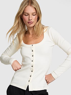 Vintage Ribbed Button-Down Long-Sleeve Tee