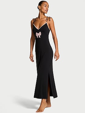 Modal Lace-Trim Bow Maxi Slip Dress