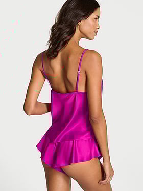 Satin Rose Lace-Trim Cami & Flutter Short Set