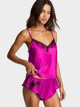 Satin Rose Lace-Trim Cami & Flutter Short Set