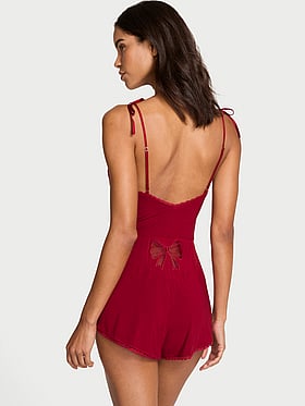 Modal Lace-Trim Bow Short Romper