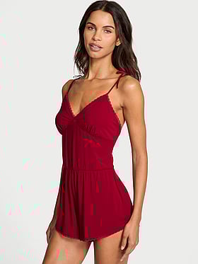 Modal Lace-Trim Bow Short Romper