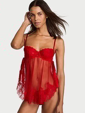 Wicked Sheer Unlined Lace-Trim Babydoll Set