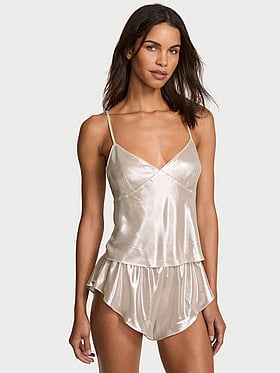 Gold Chiffon Open-Back Cami & Shorts Set