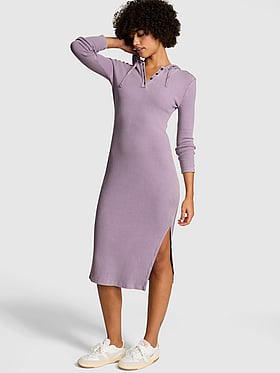 Vintage Ribbed Henley Hoodie Dress