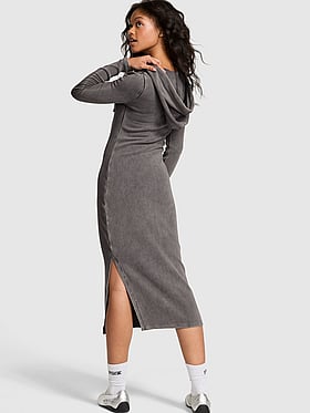 Vintage Ribbed Henley Hoodie Dress