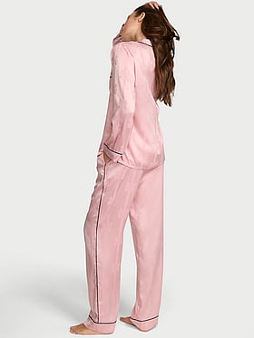 Glazed Satin Bow Stripe Long Pajama Set