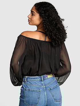 Chiffon Long-Sleeve Off-The-Shoulder Top