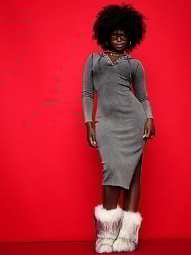 Vintage Ribbed Henley Hoodie Dress