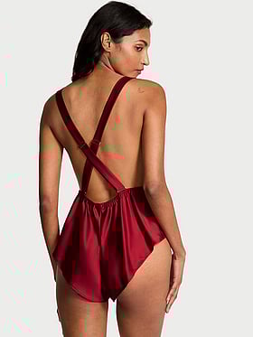 Satin Lace-Trim Square-Neck Flutter Romper