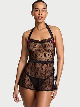 Cherry Pop Embroidery Lace Apron Babydoll Set