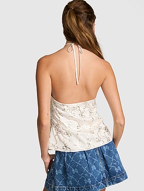 PINK x LoveShackFancy Satin Ruffle Halter Top