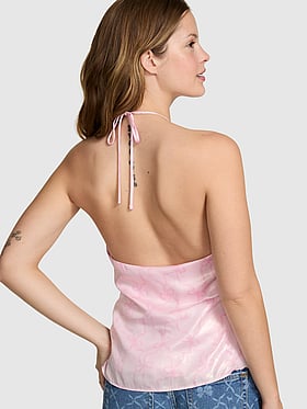PINK x LoveShackFancy Satin Ruffle Halter Top