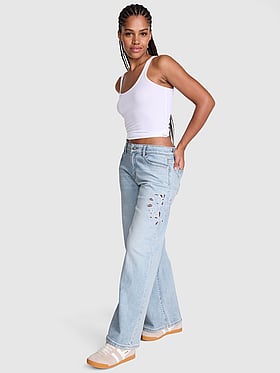 Denim by PINK Mid-Rise Baggy Wide-Leg Jeans