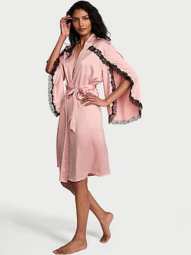 Satin Rose Lace-Trim Midi Robe