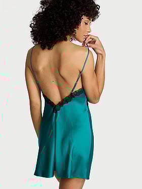 Satin Rose Lace-Trim Mini Slip Dress