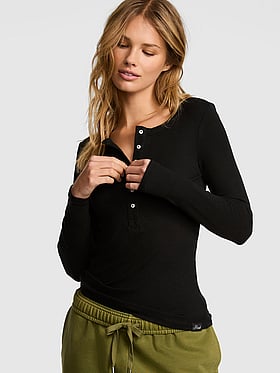Relaxed Rib Long-Sleeve Henley Tee