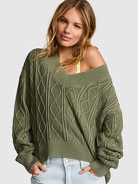 Oversized Cable Knit V-Neck Sweater