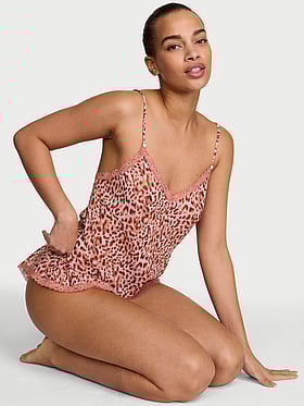 Leopard Chiffon Lace-Trim Cami & Flutter Shorts Set