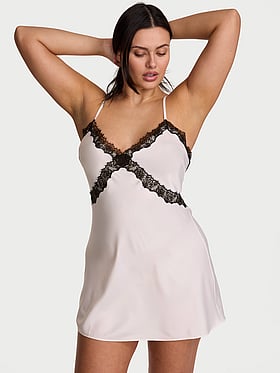 Satin Rose Lace-Trim Mini Slip Dress