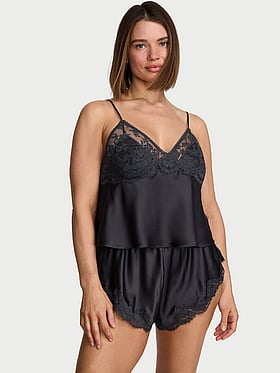 Satin Lace-Trim Cami & Flutter Shorts Set