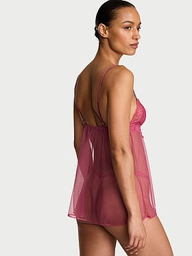 Sheer Rose Lace Triangle Babydoll Set