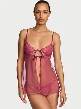 Sheer Rose Lace Triangle Babydoll Set