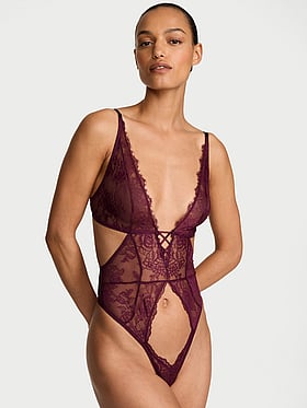 Rose Lace Plunge Crotchless Teddy