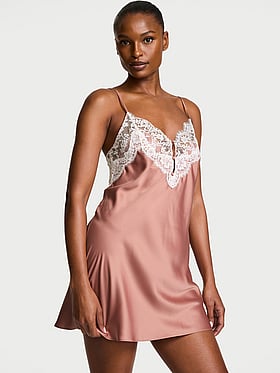 Satin Lace-Trim Short Slip Dress