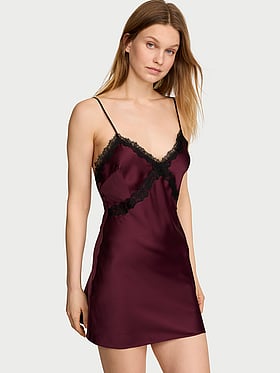 Satin Rose Lace-Trim Mini Slip Dress