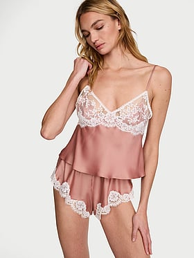 Satin Lace-Trim Cami & Flutter Shorts Set