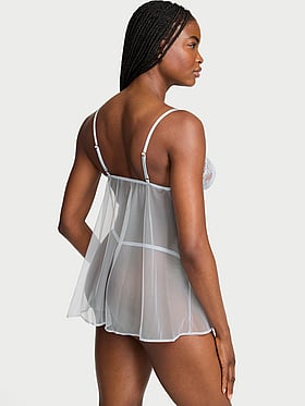 Sheer Rose Lace Triangle Babydoll Set