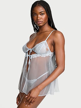 Sheer Rose Lace Triangle Babydoll Set