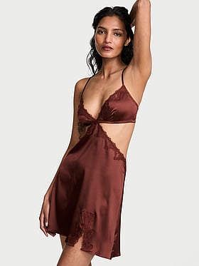Satin Rose Lace-Trim Cut-Out Mini Slip Dress