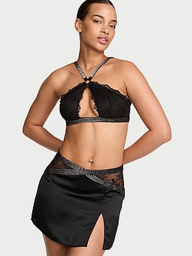 Shine Strap Lace Halter Bralette & Mini Skirt Set