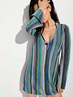 Beachwear Shimmer Knit Long-Sleeve Mini Dress