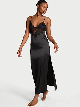 Satin Rose Lace High-Slit Maxi Slip Dress