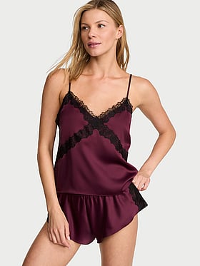 Satin Rose Lace-Trim Cami & Flutter Short Set