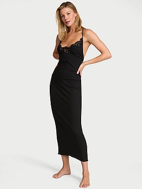 Pointelle Rib Lace-Trim Maxi Slip Dress