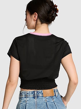 Mesh Smocked-Hem Tee