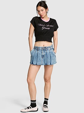Mesh Smocked-Hem Tee