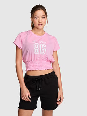 Mesh Smocked-Hem Tee